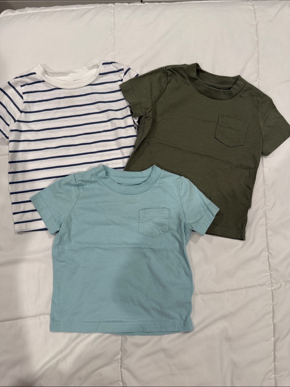 Pre-loved 3 Kids Short Sleeve Pocket Tee - Light Blue, Olive & White/Navy Stripe